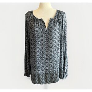 J.Jill Peasant Blouse Top Medallion Paisley Puff Sleeve Blue Flowy V Neck Medium